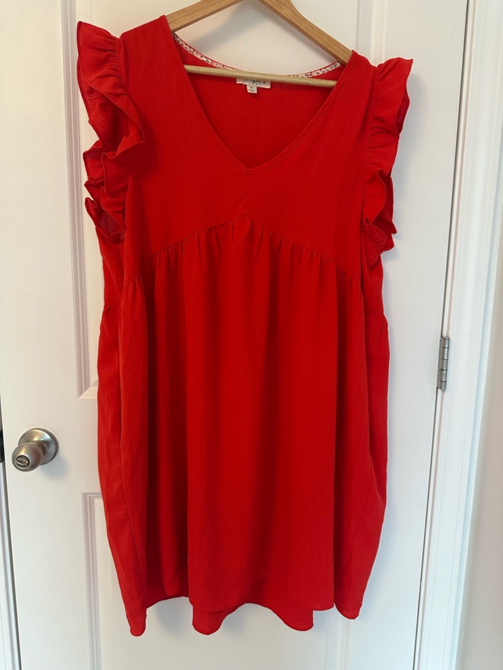 Umgee Coral-Red Ruffle Sleeve V-Neck Mini Dress - Picture 6 of 8
